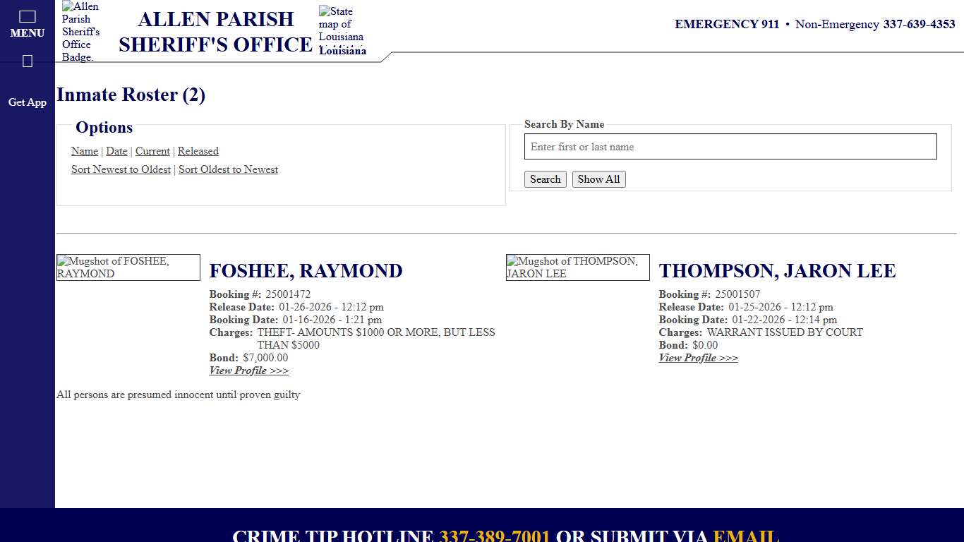 Inmate Roster - Released Inmates Booking Date Descending - Allen Parish Sheriff's Office